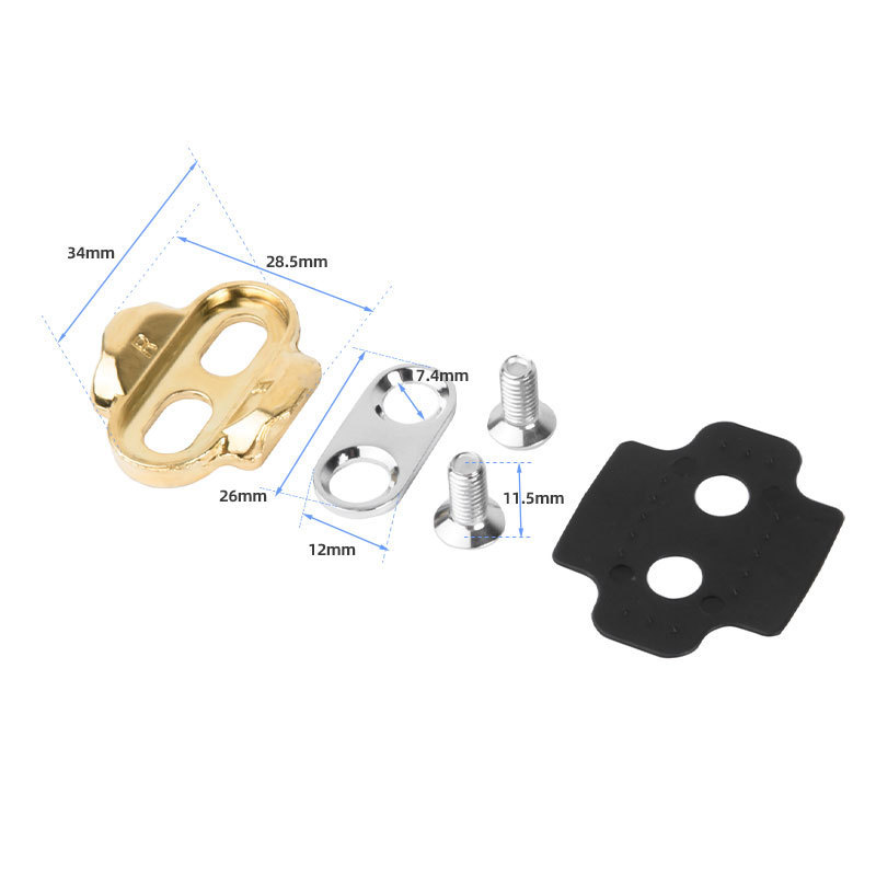 Eggbeater-Compatible Bicycle Pedal Cleat Kit, Gold 0 Degree Float Cleats, Left and Right Pair with M5 Screws, Steel Plates and Nylon Shims