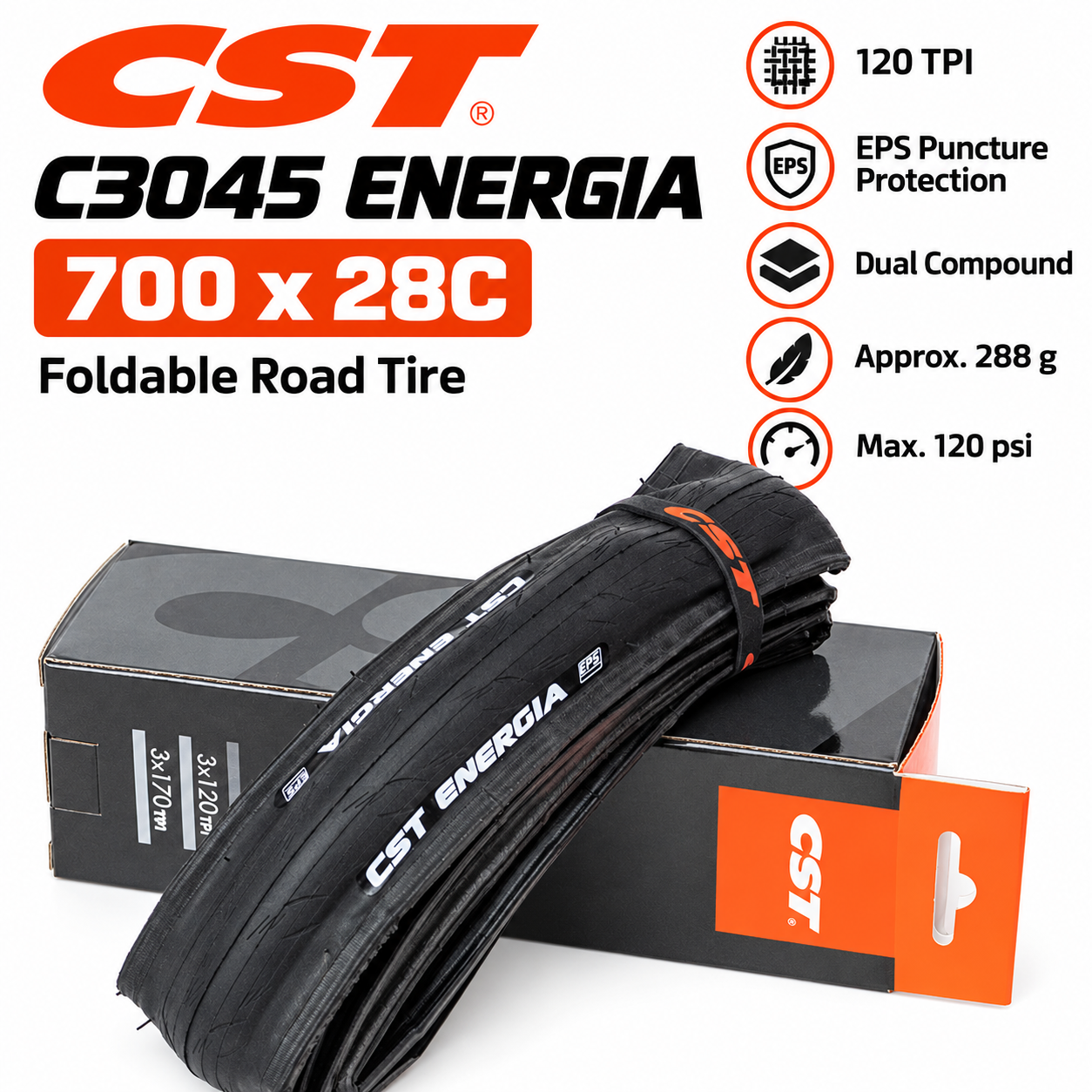 CST 700C Folding Road Bicycle Tires in 700 x 23C, 25C and 28C, C1406 C1761 C1808 C1922 C3045 and C3045N, EPS Protection and Tubeless Ready Option