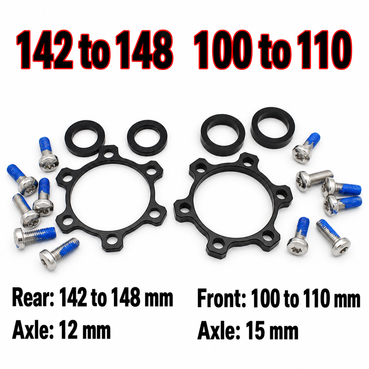 CNC Boost Hub Conversion Spacer Kit for Mountain Bikes, Front 100 x 15 to 110 x 15 mm or Rear 142 x 12 to 148 x 12 mm, Black