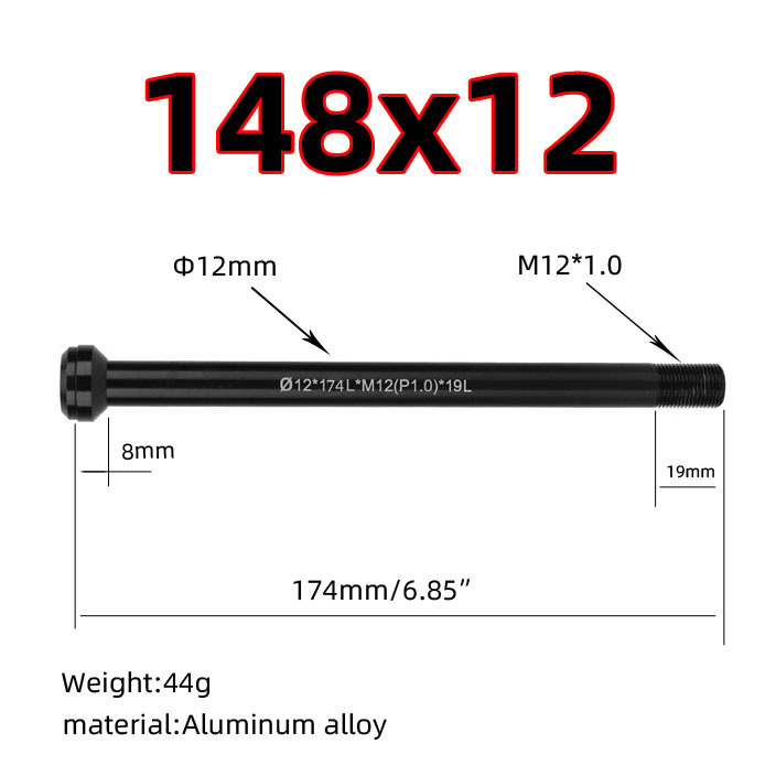 CORKI M12 x 1.0 Bicycle Thru Axle with Conical Contact Seat, 100 x 12, 142 x 12 or 148 x 12 mm, 124 / 168 / 174 mm Lengths