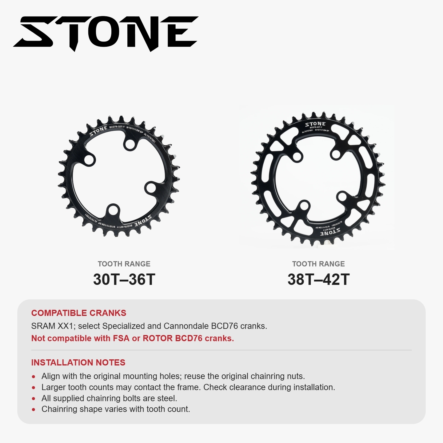 STONE 76BCD Round Narrow-Wide Chainring 30-42T for SRAM XX1, Stout and SiSL2 Crank Interfaces, 1x Setup