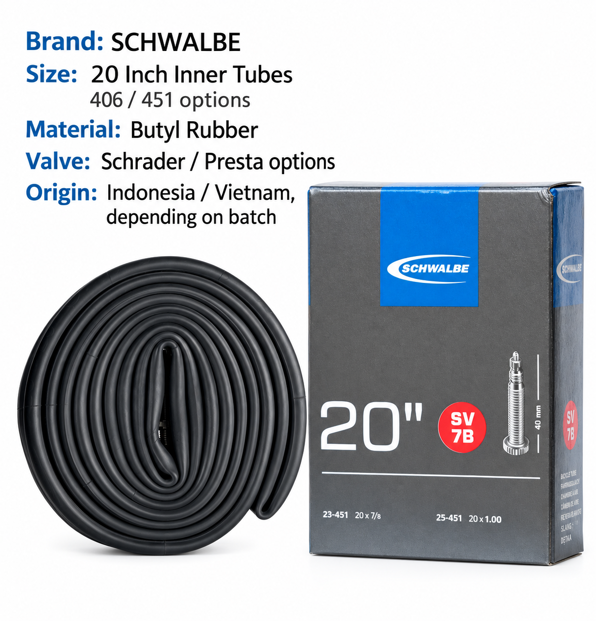 SCHWALBE 20 Inch Butyl Bicycle Inner Tubes for 406 and 451 Wheels, AV6 SV6 SV7 AV7A SV7A SV7B with 40 mm Schrader or Presta Valve Bike Tire
