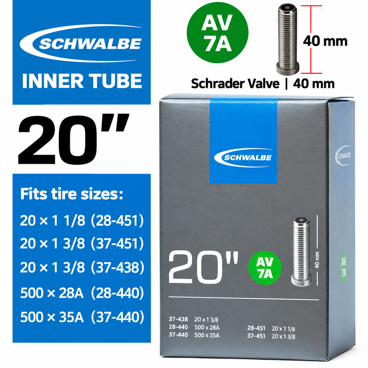 SCHWALBE 20 Inch Butyl Bicycle Inner Tubes for 406 and 451 Wheels, AV6 SV6 SV7 AV7A SV7A SV7B with 40 mm Schrader or Presta Valve Options