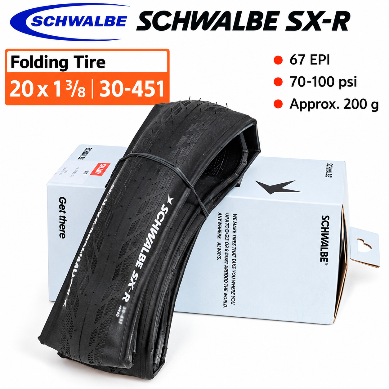 SCHWALBE SX-R 20 Inch Folding BMX Bicycle Tires, 42-406 20 x 1.6, 47-406 20 x 1.85 and 30-451 20 x 1 3/8, 67 EPI Performance Casing