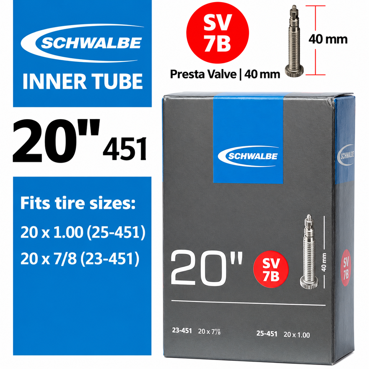 SCHWALBE 20 Inch Butyl Bicycle Inner Tubes for 406 and 451 Wheels, AV6 SV6 SV7 AV7A SV7A SV7B with 40 mm Schrader or Presta Valve Options