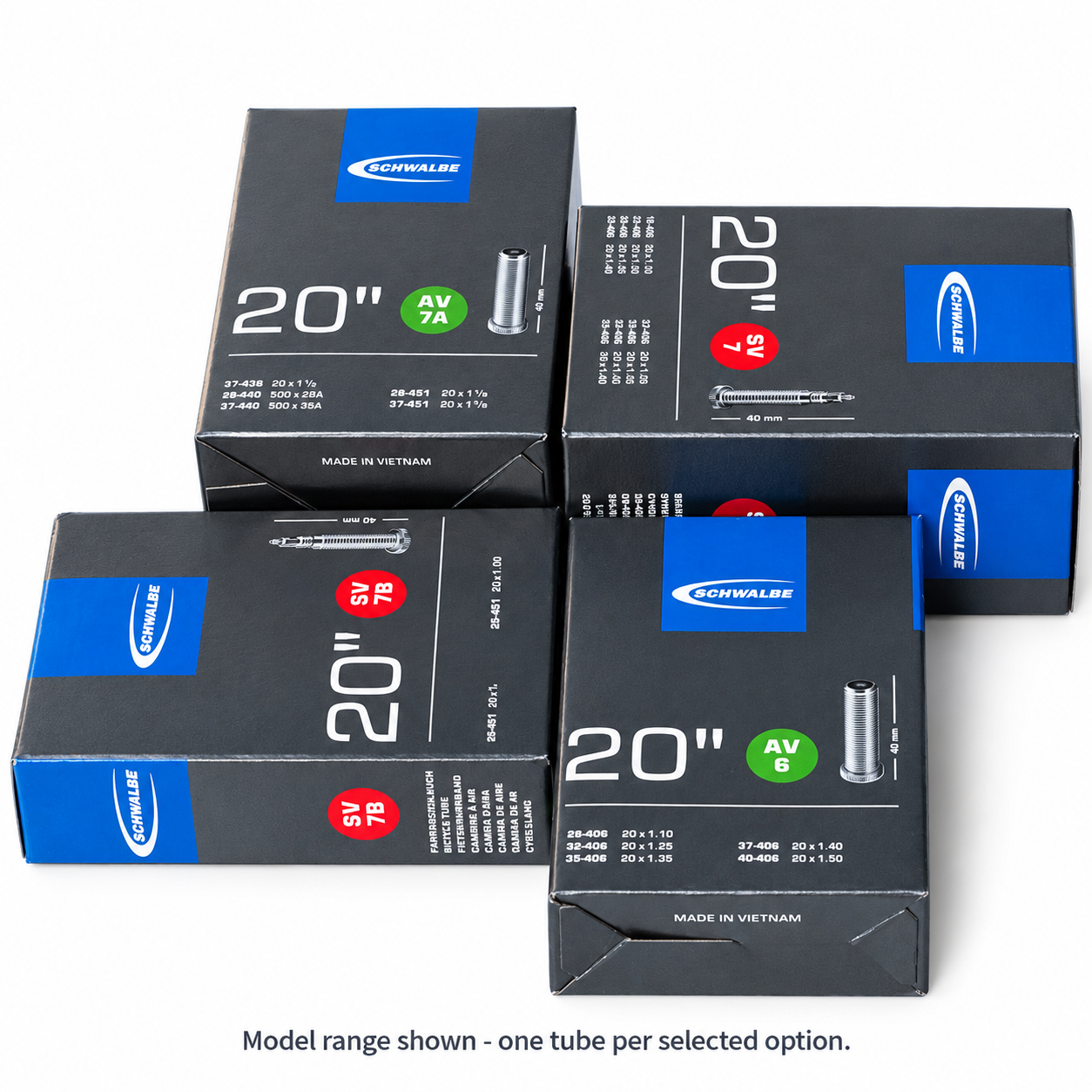 SCHWALBE 20 Inch Butyl Bicycle Inner Tubes for 406 and 451 Wheels, AV6 SV6 SV7 AV7A SV7A SV7B with 40 mm Schrader or Presta Valve Bike Tire