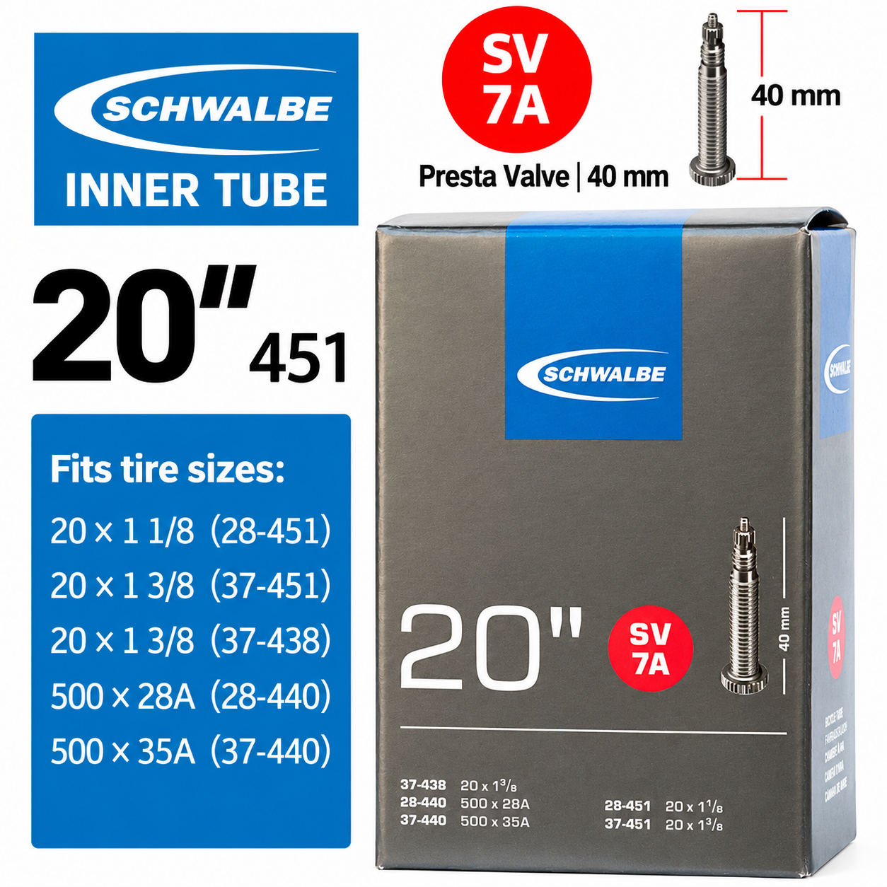 SCHWALBE 20 Inch Butyl Bicycle Inner Tubes for 406 and 451 Wheels, AV6 SV6 SV7 AV7A SV7A SV7B with 40 mm Schrader or Presta Valve Options