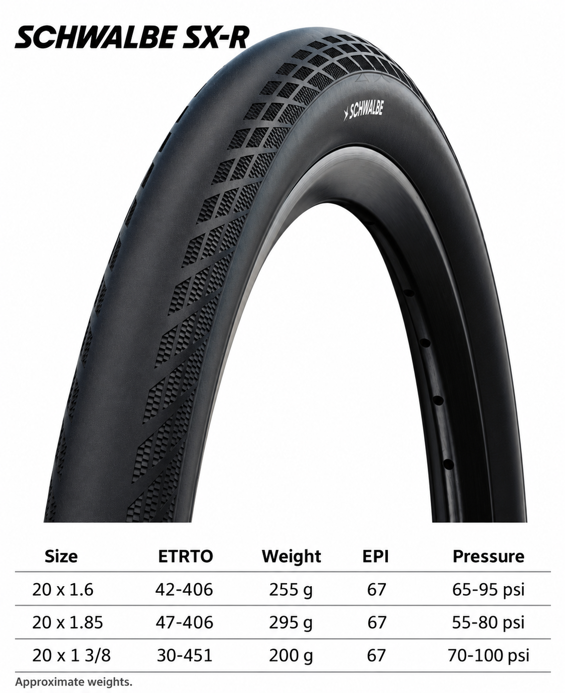 SCHWALBE SX-R 20 Inch Folding BMX Bicycle Tires, 42-406 20 x 1.6, 47-406 20 x 1.85 and 30-451 20 x 1 3/8, 67 EPI Performance Casing