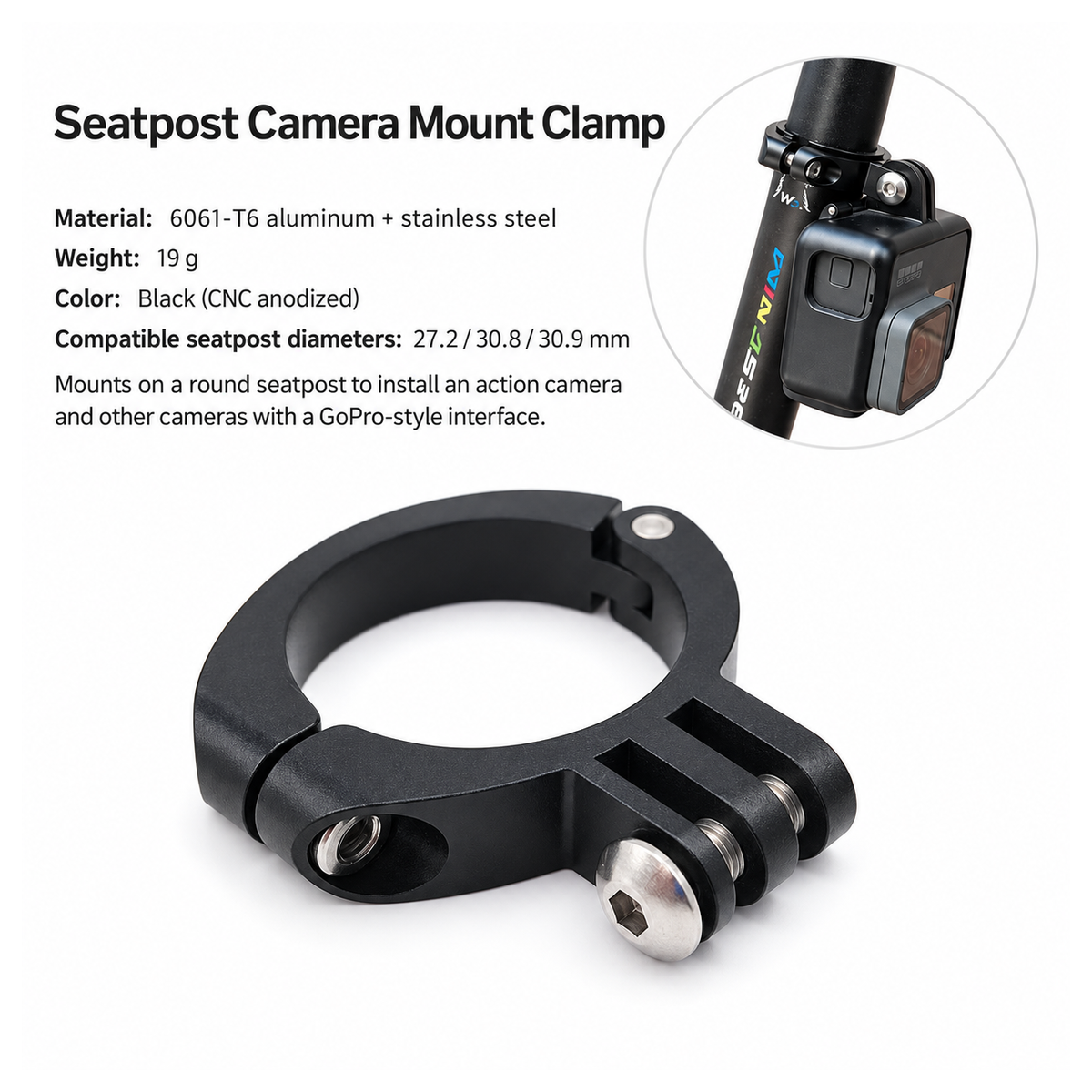 6061-T6 Aluminum Seatpost Camera Mount Clamp, Black CNC Anodized ...