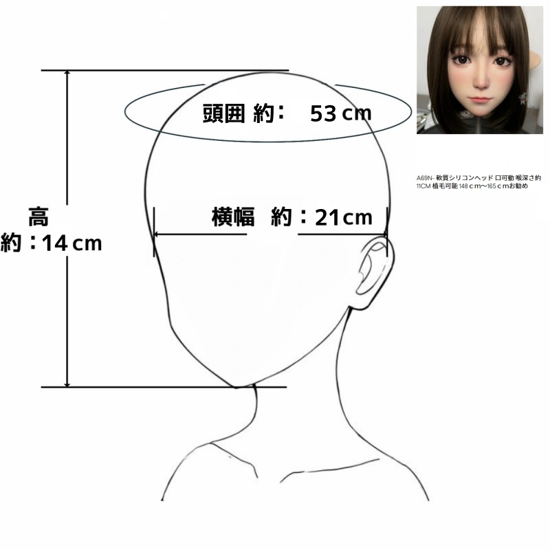 A69N- 軟質シリコンヘッド 口可動 喉深さ約11CM  植毛可能 148ｃｍ～165ｃｍお勧め　等身大ドール 用 ラブドール