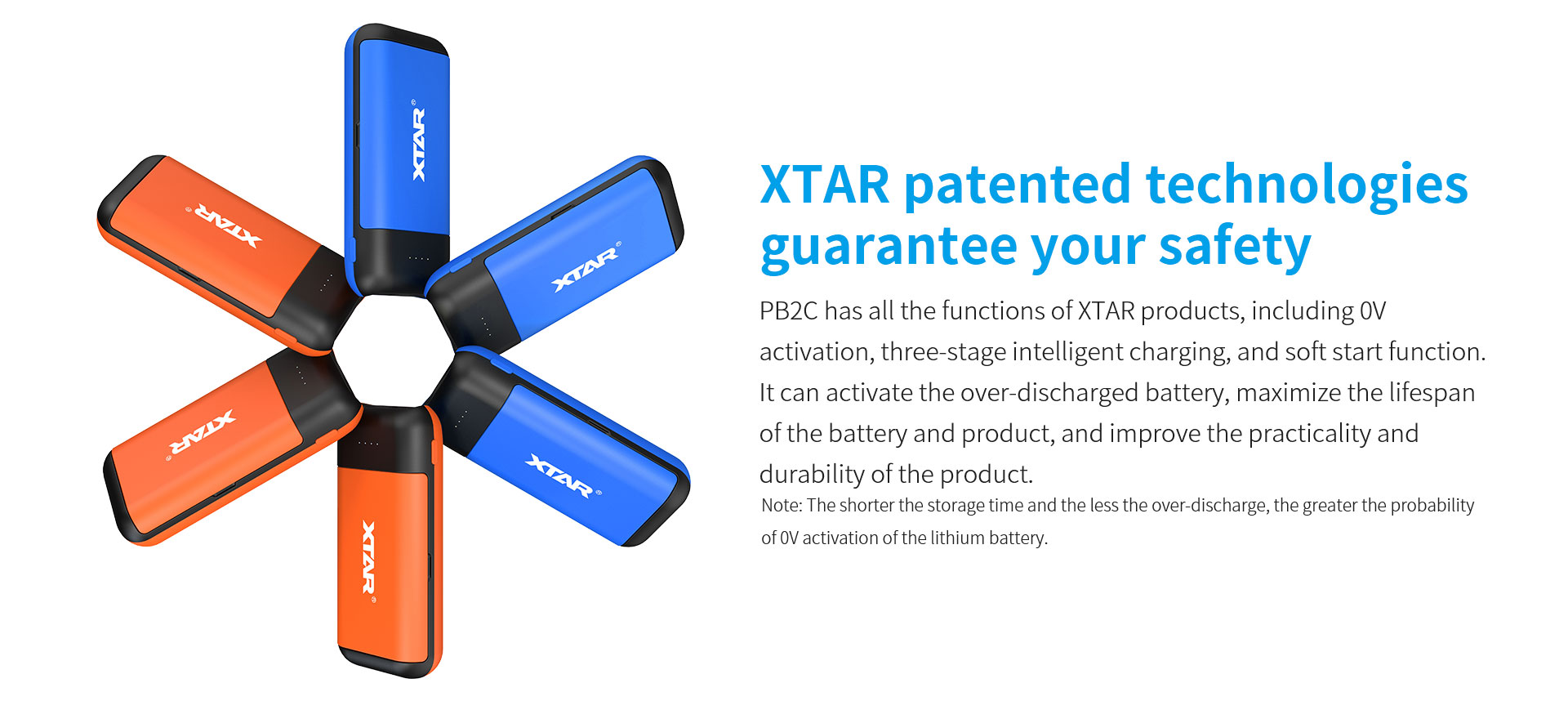 PB2C uses XTAR patented safety technology, such as 0V activation, 3-stage intelligent charging, and soft start charging.