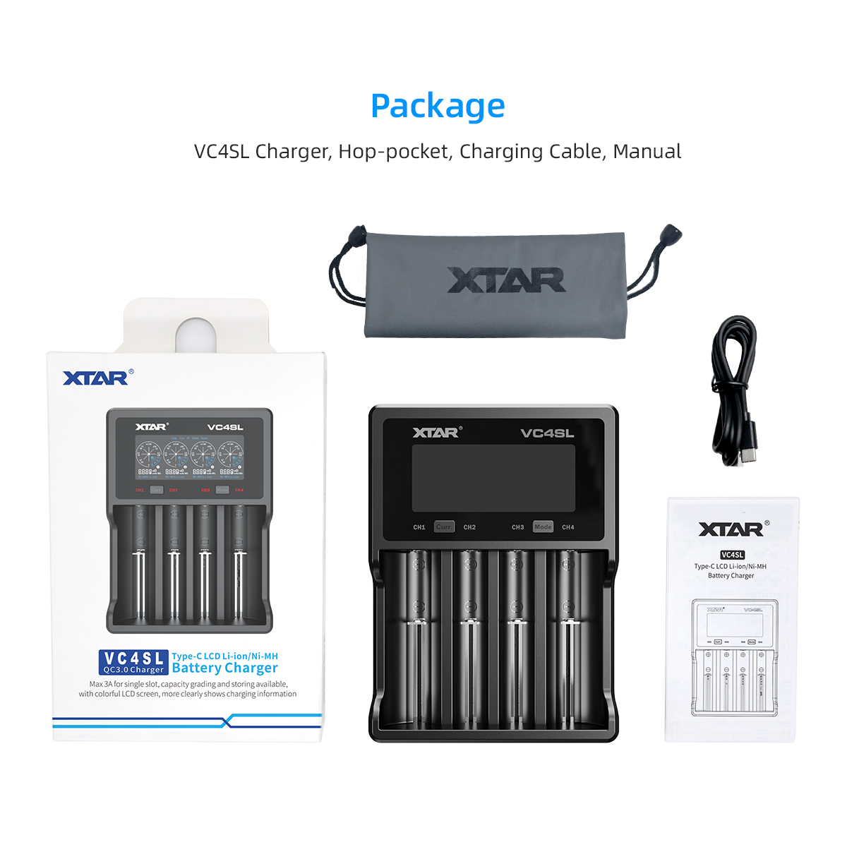 Chargeur d'accus intelligent VC4SL 3A avec 4 slots, Xtar