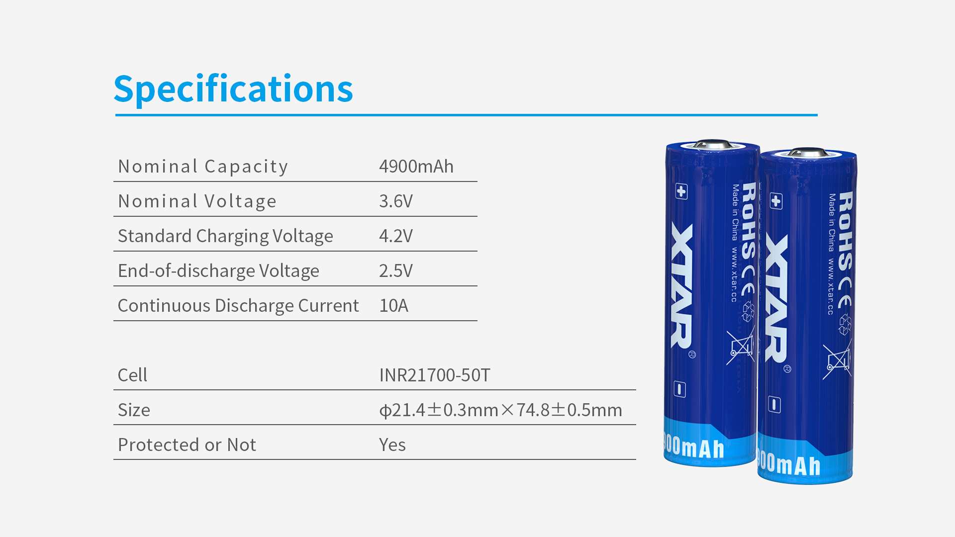 specifications for xtar protected 21700 battery 4900mAh
