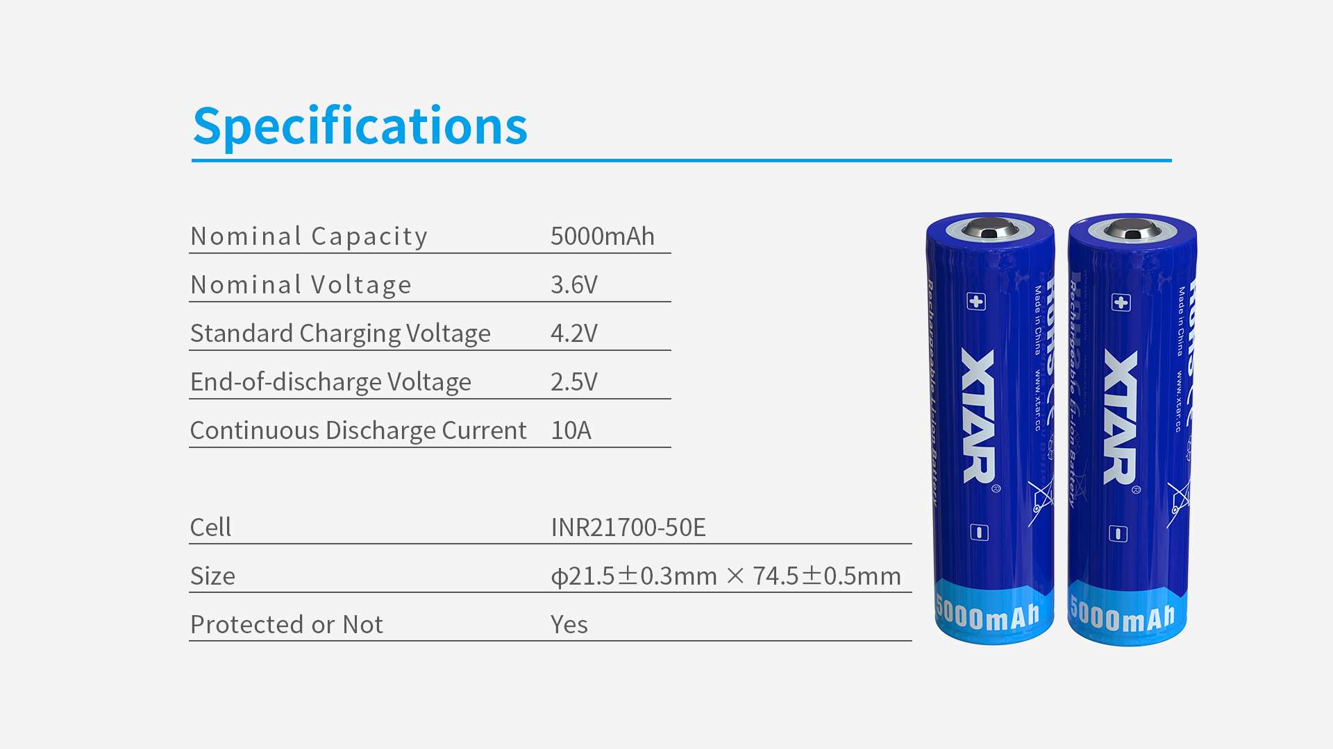 specifications for xtar protected 21700 battery 5000mAh