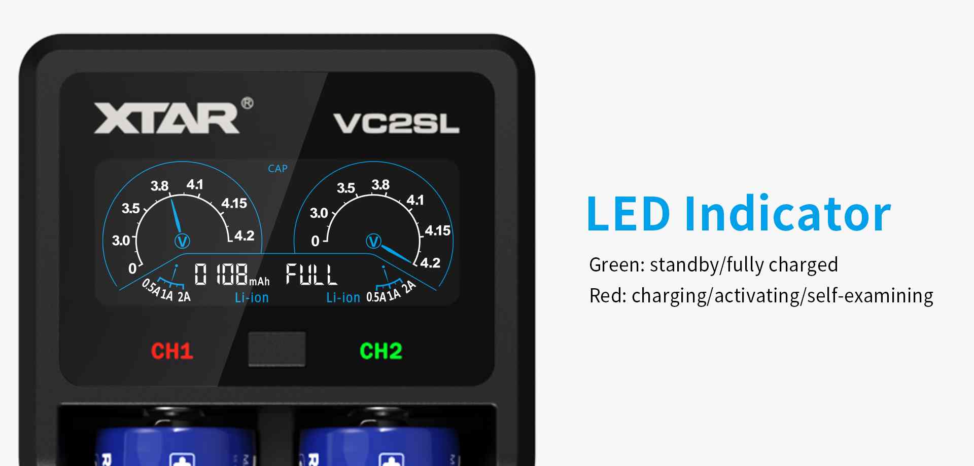 L ED Indicator.  Green: standby/fully charged . Red: charging/activating/self-examining