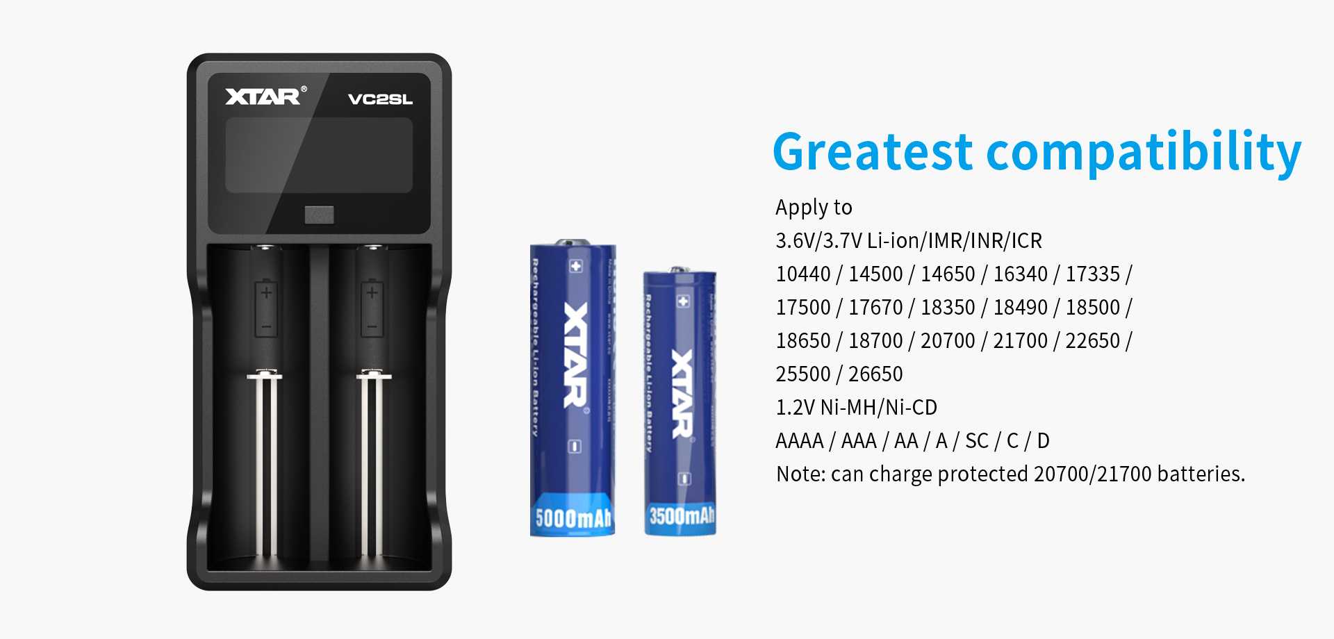 Wide compatibility of Li-ion & NiMH batteries, including the protected 21700 batteries.