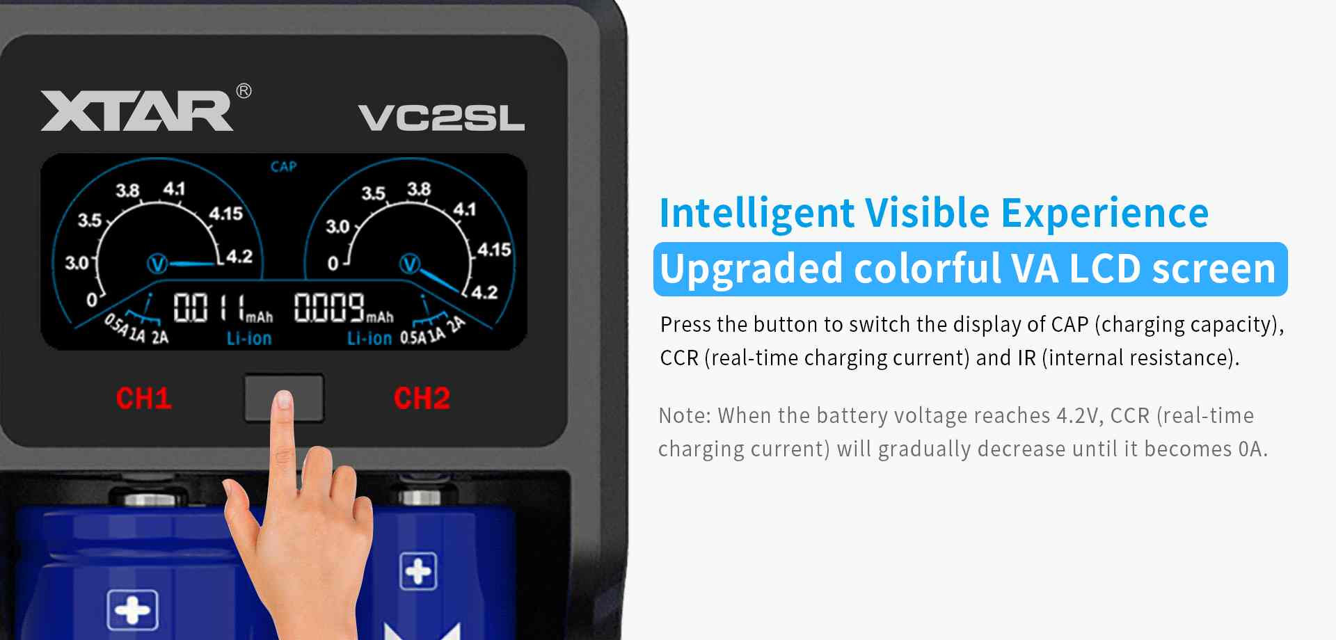 Cargador de batería 18650 XTAR VC2L tipo cargador de batería inteligente  universal con pantalla LCD inteligente de 2 ranuras para baterías de 36V37V  – Yaxa Store
