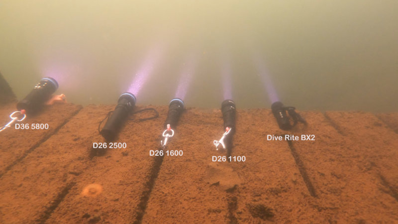 Underwater Lighting Comparison of XTAR D26 2500, D36 5800, D26 1600, D26 1100 and Dive Rite BX2
