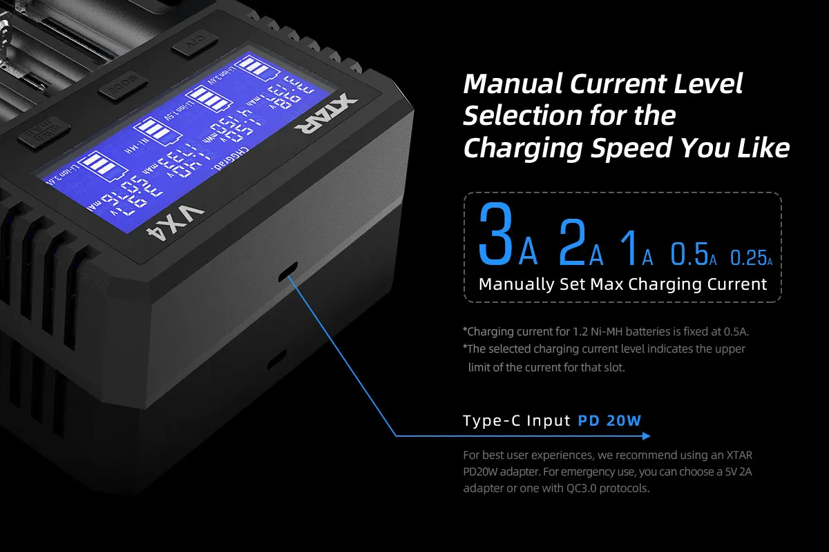 XTAR VX4 – Caricabatterie E Tester Di Capacità Per Batterie Li-ion 1.5V/3.6V/3.7V, LiFePO4 3.2V E Ni-MH 1.2V – Fino A 4 Slot, Con Display Visibile E Adattatore EU