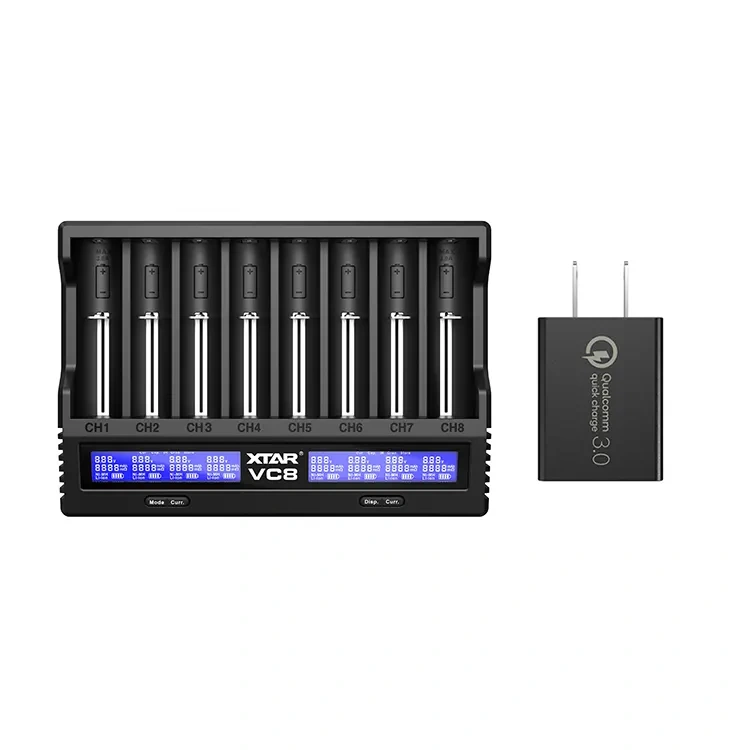 XTAR VC8 Type-C 8 bay intelligent lithium ion battery charger LCD Display for 3.6V 3.7V Li-ion 1.2V Ni-MH C Batteries
