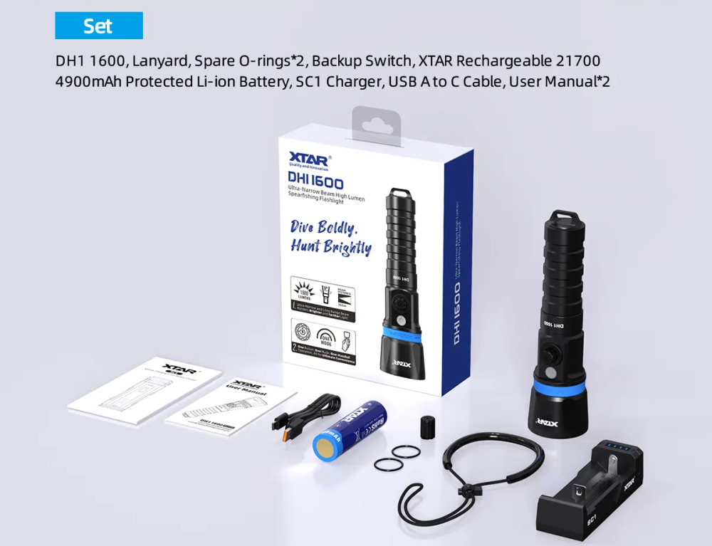 XTAR Hunter DH1 1600 Lumens Dive Light Underwater Spearfishing Flashlight