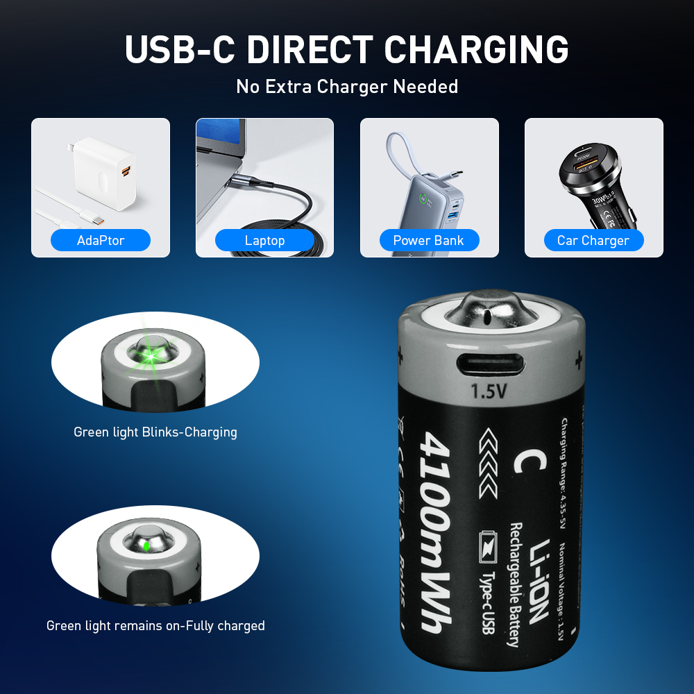 C size Lithium 4100mWh batteries 4-pack, Rechargeable lithium battery