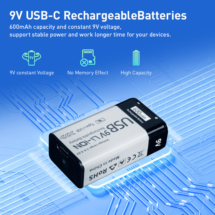 9 Volt  600mAh Li-ion Rechargeable Batteries