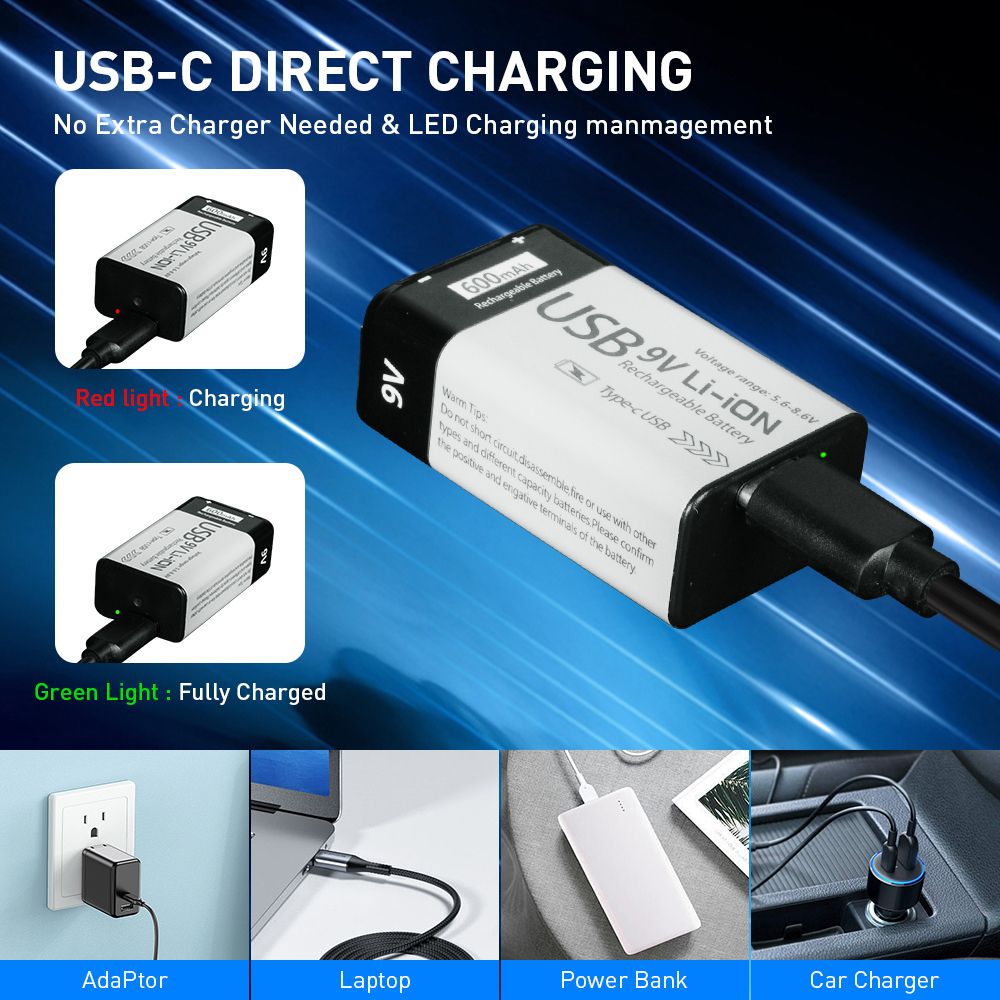 9 Volt  600mAh Li-ion Rechargeable Batteries