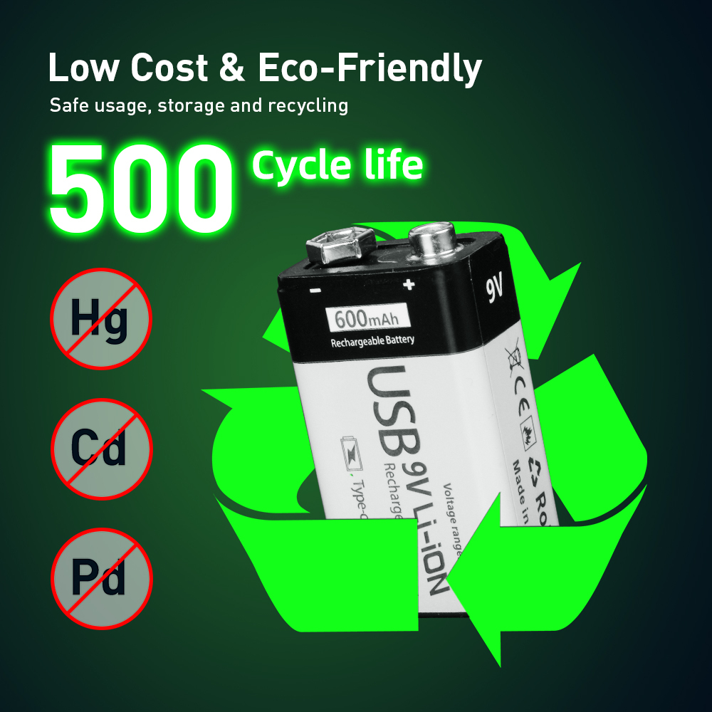 9 Volt  600mAh Li-ion Rechargeable Batteries