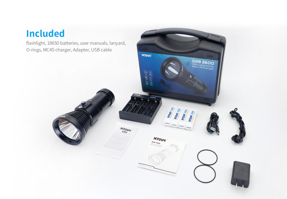 XTAR D28 3600 Narrow Beam Diving Flashlight with Battery and Charger