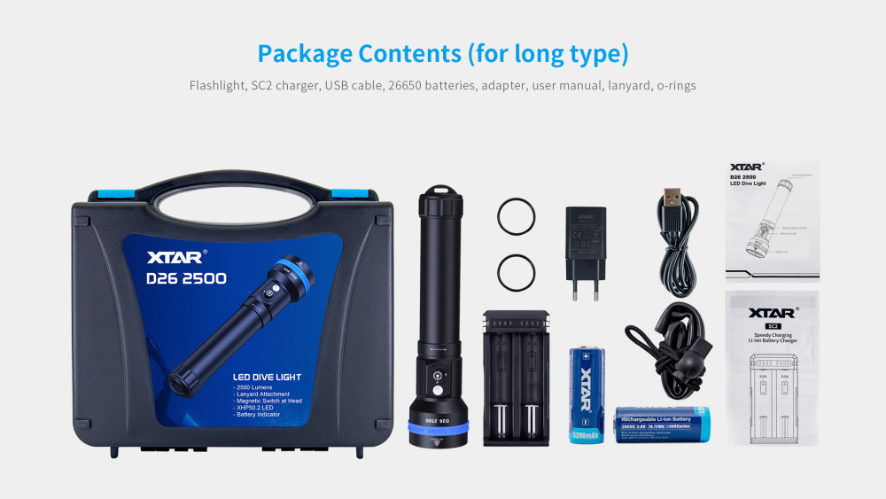 XTAR D26 2500 Lumens 18650/26650 Battery IPX8 Scuba Dive Light Waterproof Diving Torch Submarine Diving Lights Underwater 100 Meters Cave Wreck Diving Flashlight