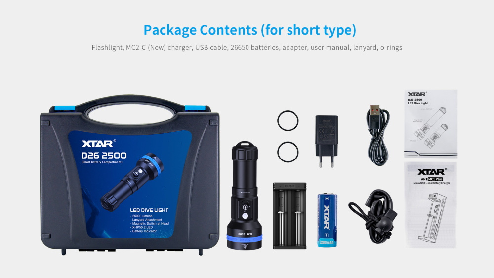 XTAR D26 2500 Lumens 18650/26650 Battery IPX8 Scuba Dive Light Waterproof Diving Torch Submarine Diving Lights Underwater 100 Meters Cave Wreck Diving Flashlight