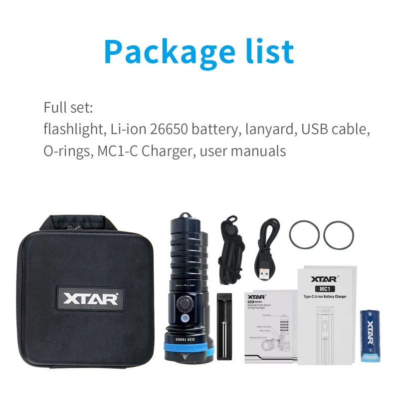 XTAR D26 1600 Lumen Scuba Diving Flashlight Dive Torch Underwater 100 Meters Submarine Lights for Under Water Deep Sea Cave at Night