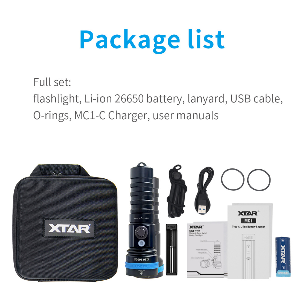 XTAR D26 1600 Lumen Scuba Diving Flashlight Dive Torch Underwater 100 Meters Submarine Lights for Under Water Deep Sea Cave at Night