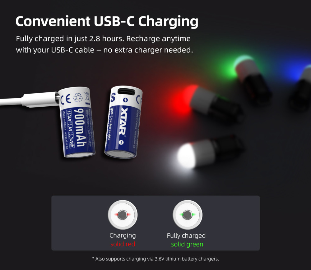 XTAR 2.7A 16340 900mAh 3.6V Protected Rechargeable Li-ion Battery for SD1 lighting