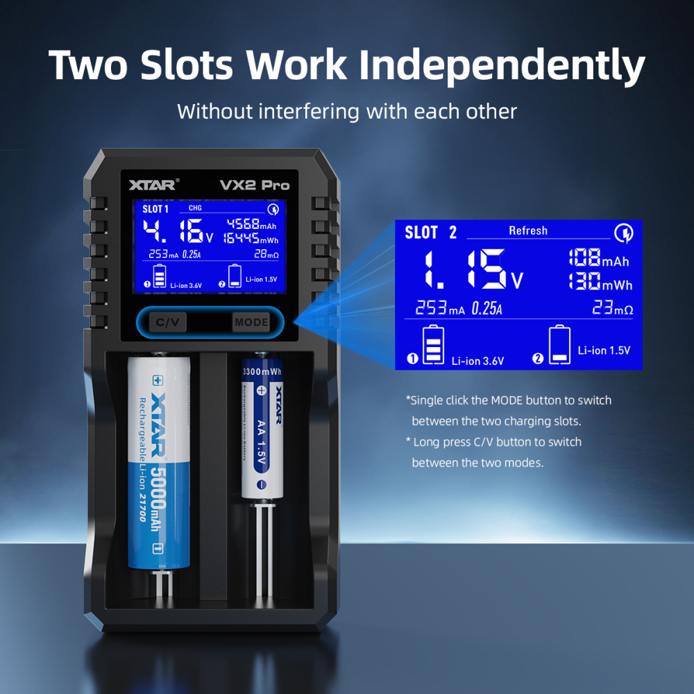 XTAR VX2 Pro Visible Mixer 1.5V/3.6V/3.7V Li-Ion& 3.2V LiFePO4& 1.2V Ni-MH Batteries Charger and Battery Capacity Tester