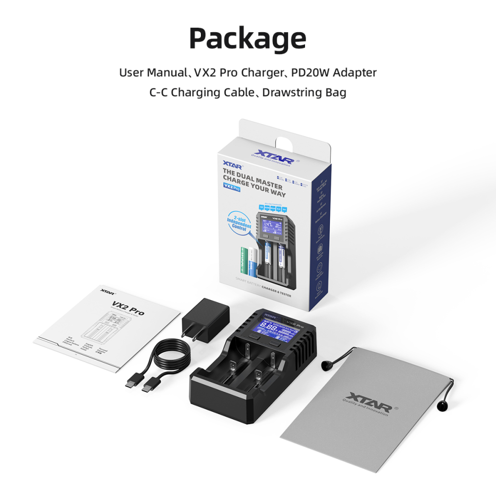 XTAR VX2 Pro Visible Mixer 1.5V/3.6V/3.7V Li-Ion& 3.2V LiFePO4& 1.2V Ni-MH Batteries Charger and Battery Capacity Tester