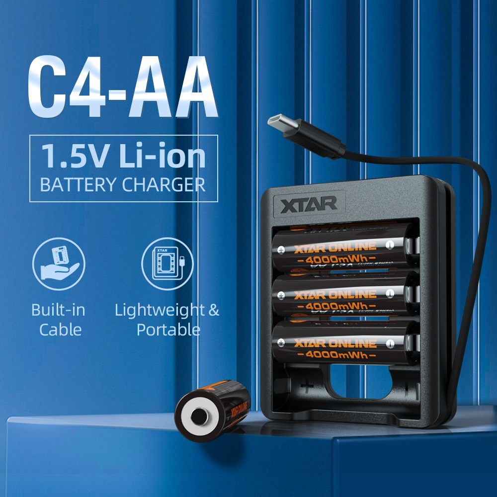XTAR 1.5V AA 4000mWh Rechargeable Li-ion Battery, with Touch-Activated LED Power Indicator, with C4-AA charger