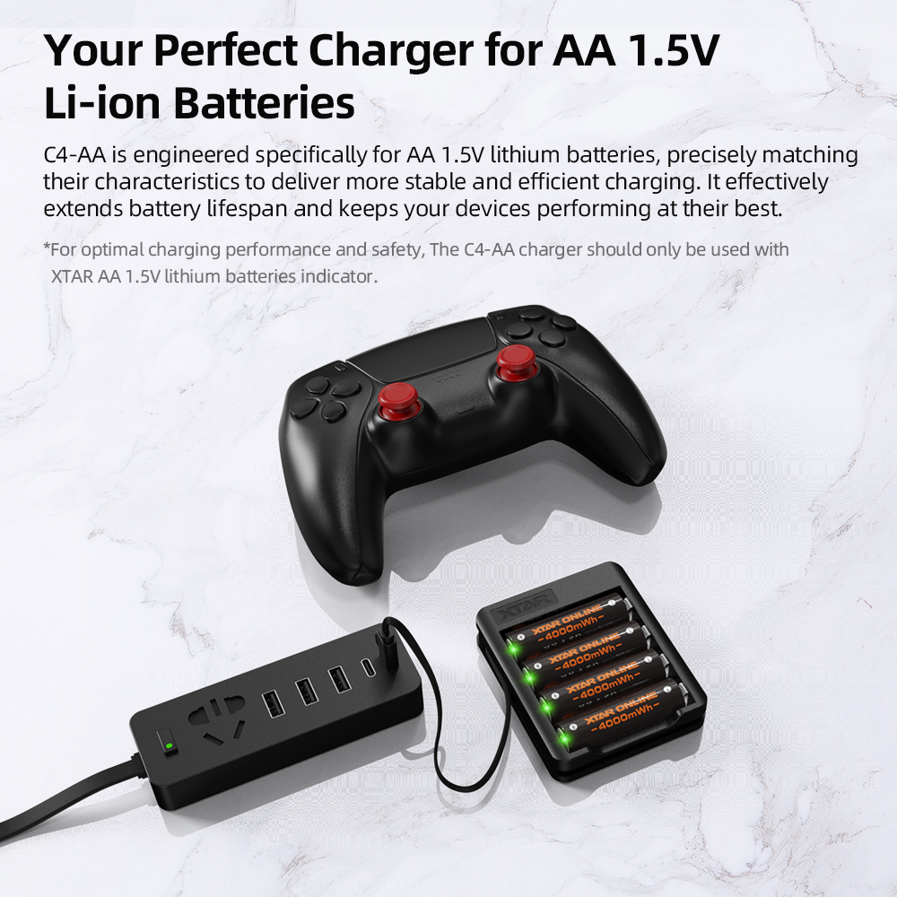 XTAR 1.5V AA 4000mWh Rechargeable Li-ion Battery, with Touch-Activated LED Power Indicator, with C4-AA charger