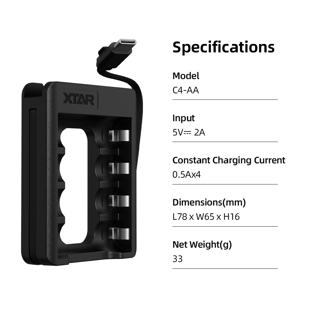 XTAR 1.5V AA 4000mWh Rechargeable Li-ion Battery, with Touch-Activated LED Power Indicator, with C4-AA charger