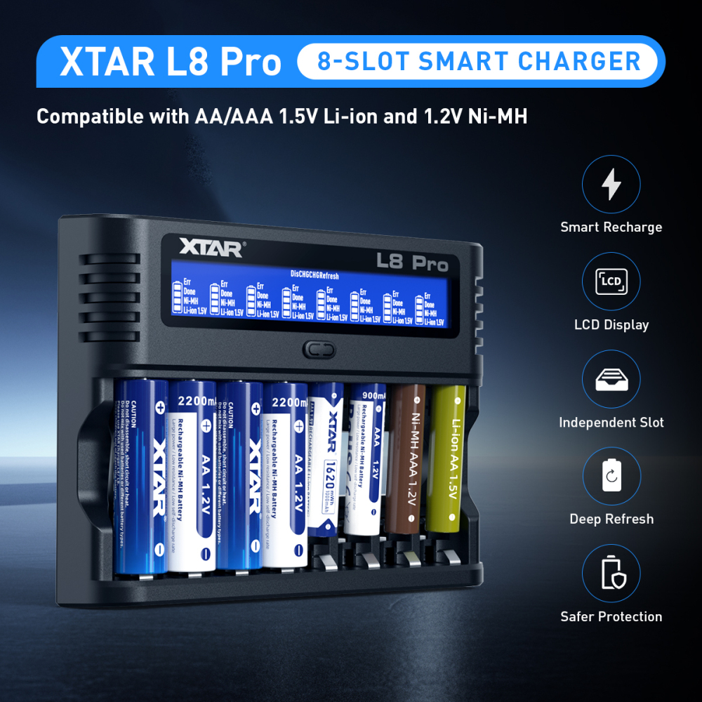 XTAR L8 Pro Smart Charger, 8 slots for AA/AAA 1.2V NI-MH and 1.5V Li-ion battery