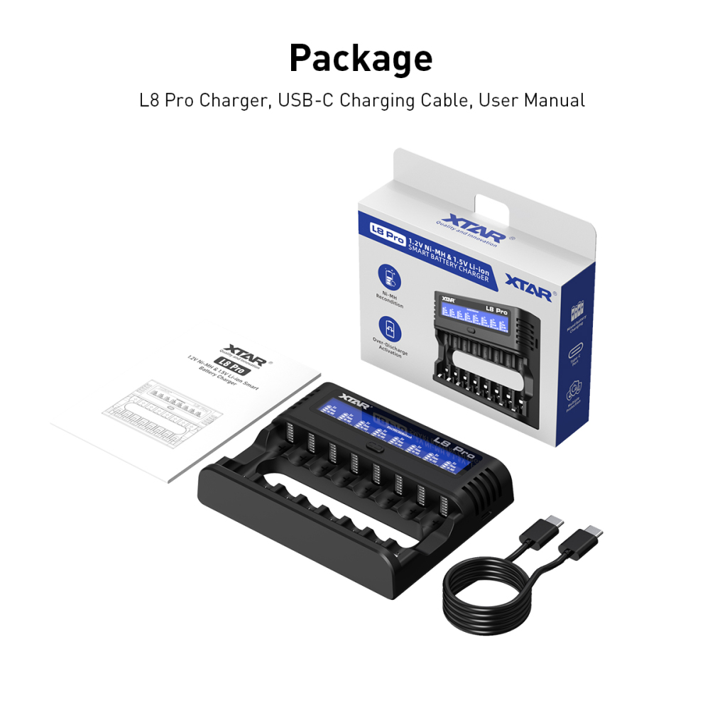 XTAR L8 Pro Smart Charger, 8 slots for AA/AAA 1.2V NI-MH and 1.5V Li-ion battery