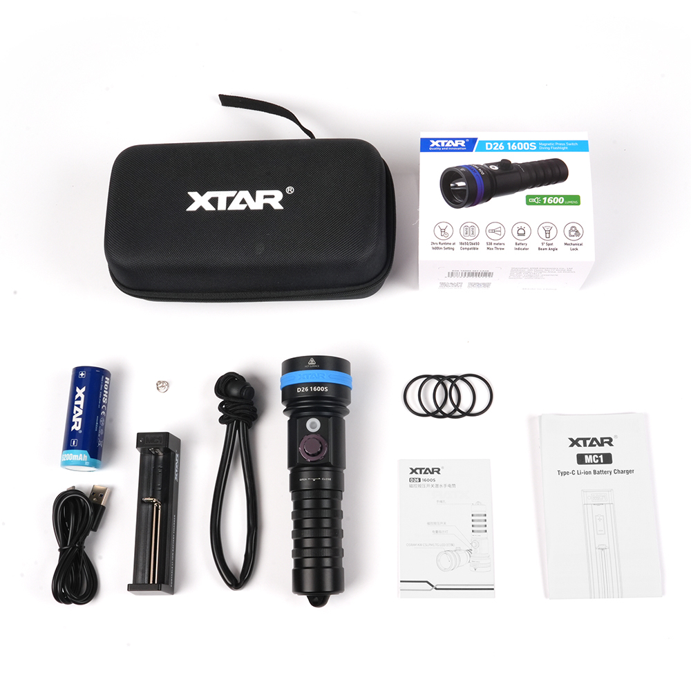 XTAR D26 1600S Lumen Scuba Diving Flashlight Dive Torch Underwater 100 Meters Submarine Lights for Under Water Deep Sea Cave at Night