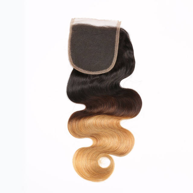 Body Wave 4x4 Lace Closure Remy Human Hair Ombre Black Brown Gold 1B/4/27#