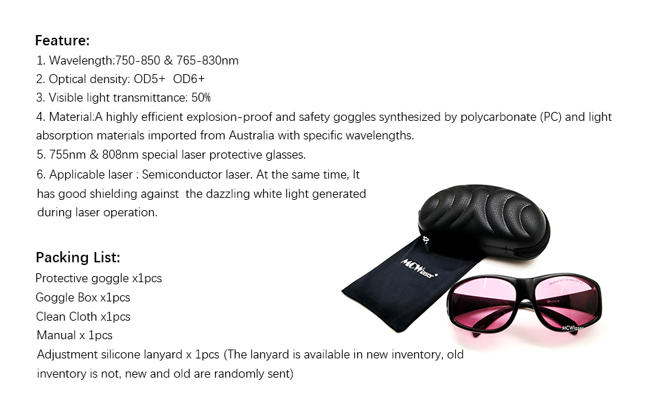 MCWlaser Laser Goggle 750-850 & 765-830nm Safety Protective Glasses Typical For 755nm 808nm Absorption Type EP-18