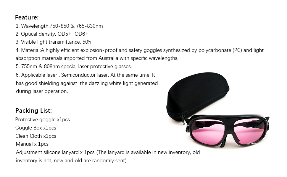 MCWlaser Laser Goggle 750-850 & 765-830nm Safety Protective Glasses Typical For 755nm 808nm Absorption Type EP-18