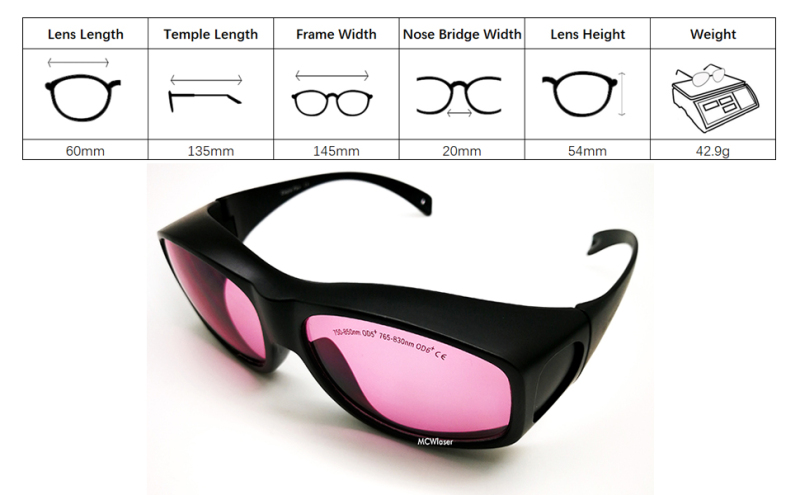 MCWlaser Laser Goggle 750-850 & 765-830nm Safety Protective Glasses Typical For 755nm 808nm Absorption Type EP-18