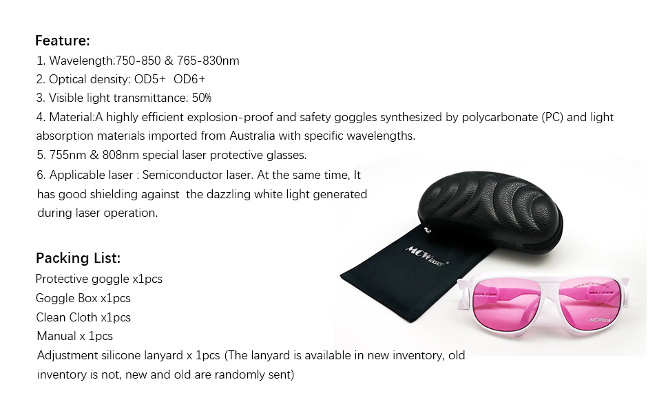 MCWlaser Laser Goggle 750-850 & 765-830nm Safety Protective Glasses Typical For 755nm 808nm Absorption Type EP-18