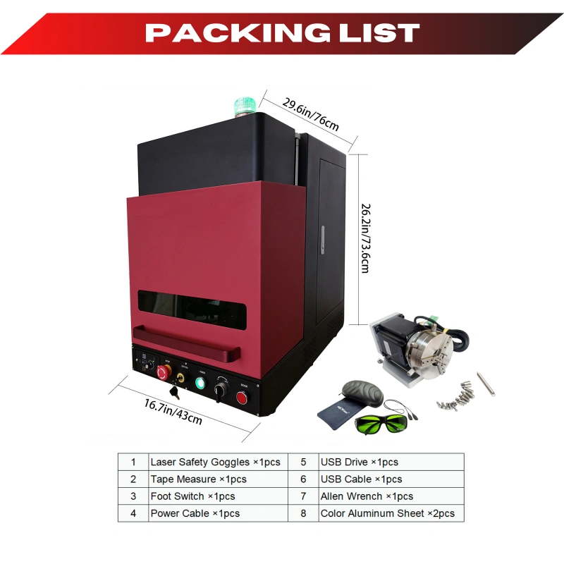 MCWlaser 30W 50W JPT Fiber Laser Engraver Making Machine Metal Engraving Marking &amp; R69 Rotary Chuck Enclosed Type