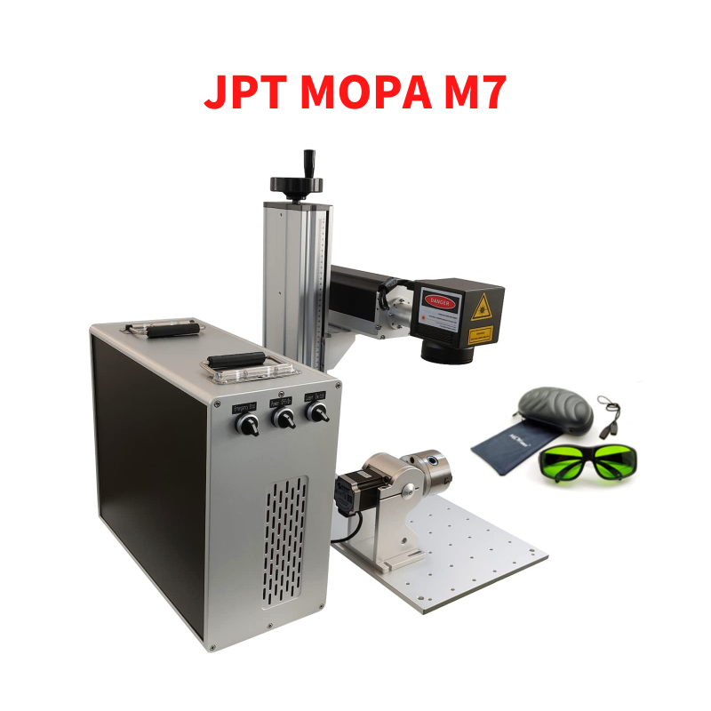 100W MOPA Fiber Laser Engraver with Rotary Axis for Metal Color Marking, Solid State Laser Etcher Cutter for Gold Steel More